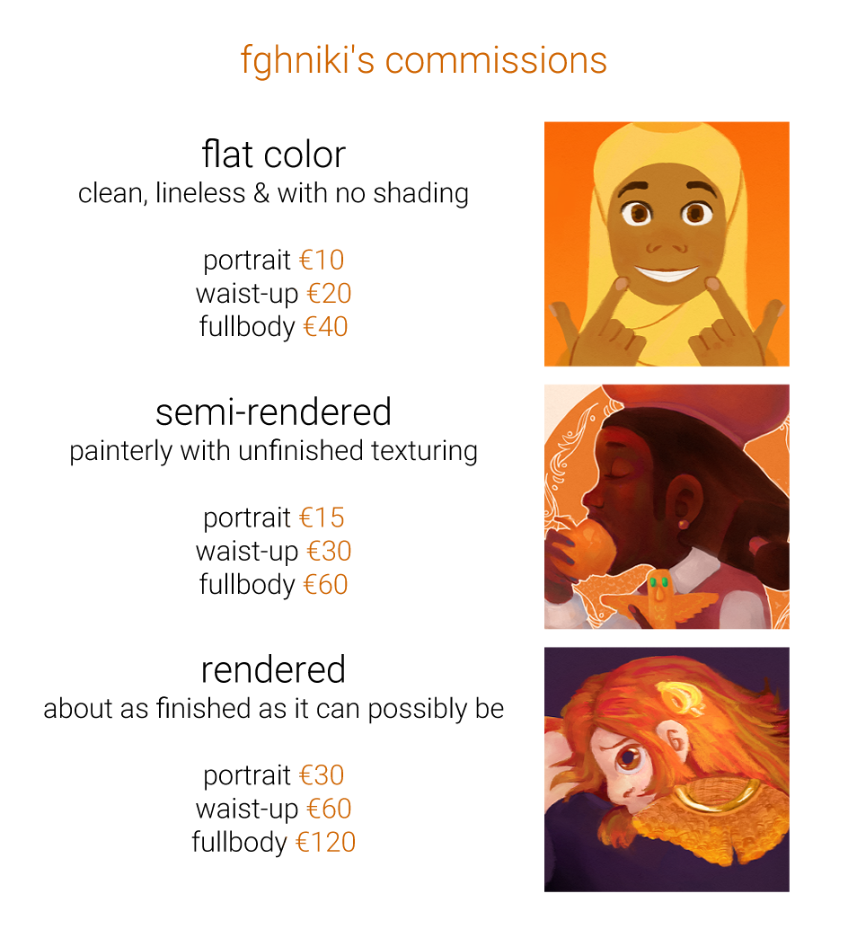 A sheet that details commission prices, along with examples. It reads, “fghniki's commissions

flat color
clean, lineless & with no shading

portrait €10
waist-up €20
fullbody €40

semi-rendered
painterly with unfinished texturing

portrait €15
waist-up €30
fullbody €60

rendered
about as finished as it can possibly be

portrait €30
waist-up €60
fullbody €120.”